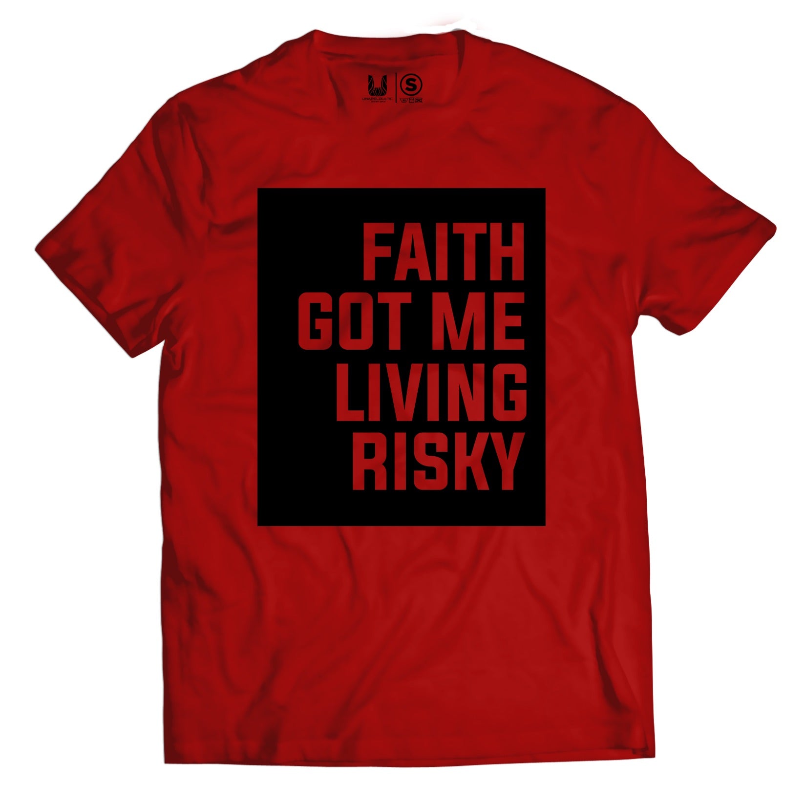 Faith Got Me Living Risky red tee - flat lay